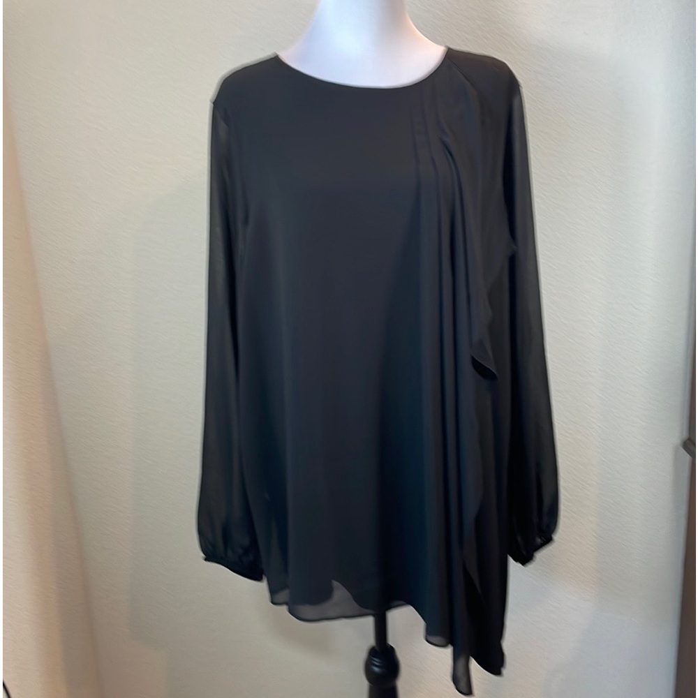 🌸Susan Graver Black Top Size XL Lined Body w/Chiffon Overlay and Sleeve’s EUC
